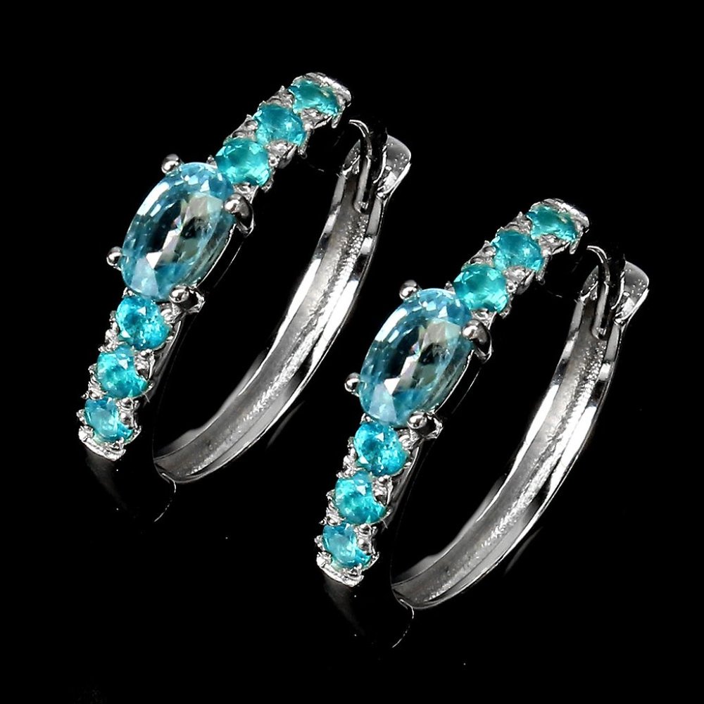 NATURAL Blue Zircon And Apatite 925 Sterling Silver Earrings Hoops - Picture 3 of 13